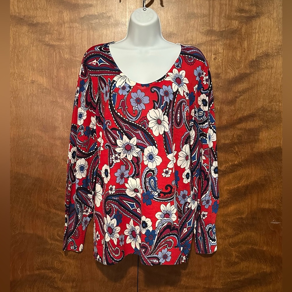 Talbots Long Sleeve Merino Wool Fall Sweater Womens Plus 1X Red Floral Paisley